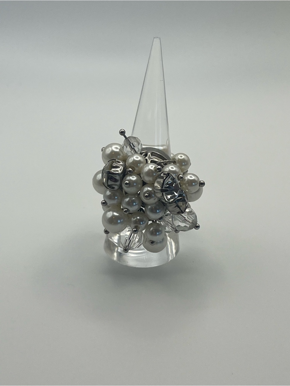 Faux Pearl Cluster Stretch Ring - Silver and White